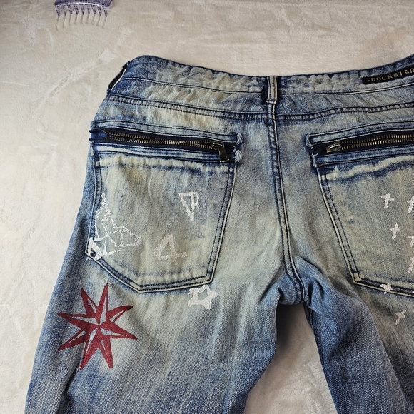 Rockstar Jeans Men's 34 Blue Distressed Denim Graphic Painted Art Graffiti - Picture 10 of 14